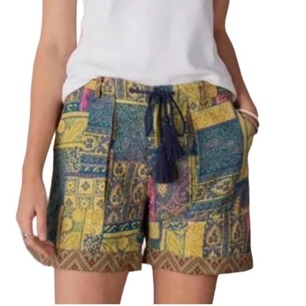 Sundance Kalini Linen Blend Patchwork Print Cuffed Shorts NWT